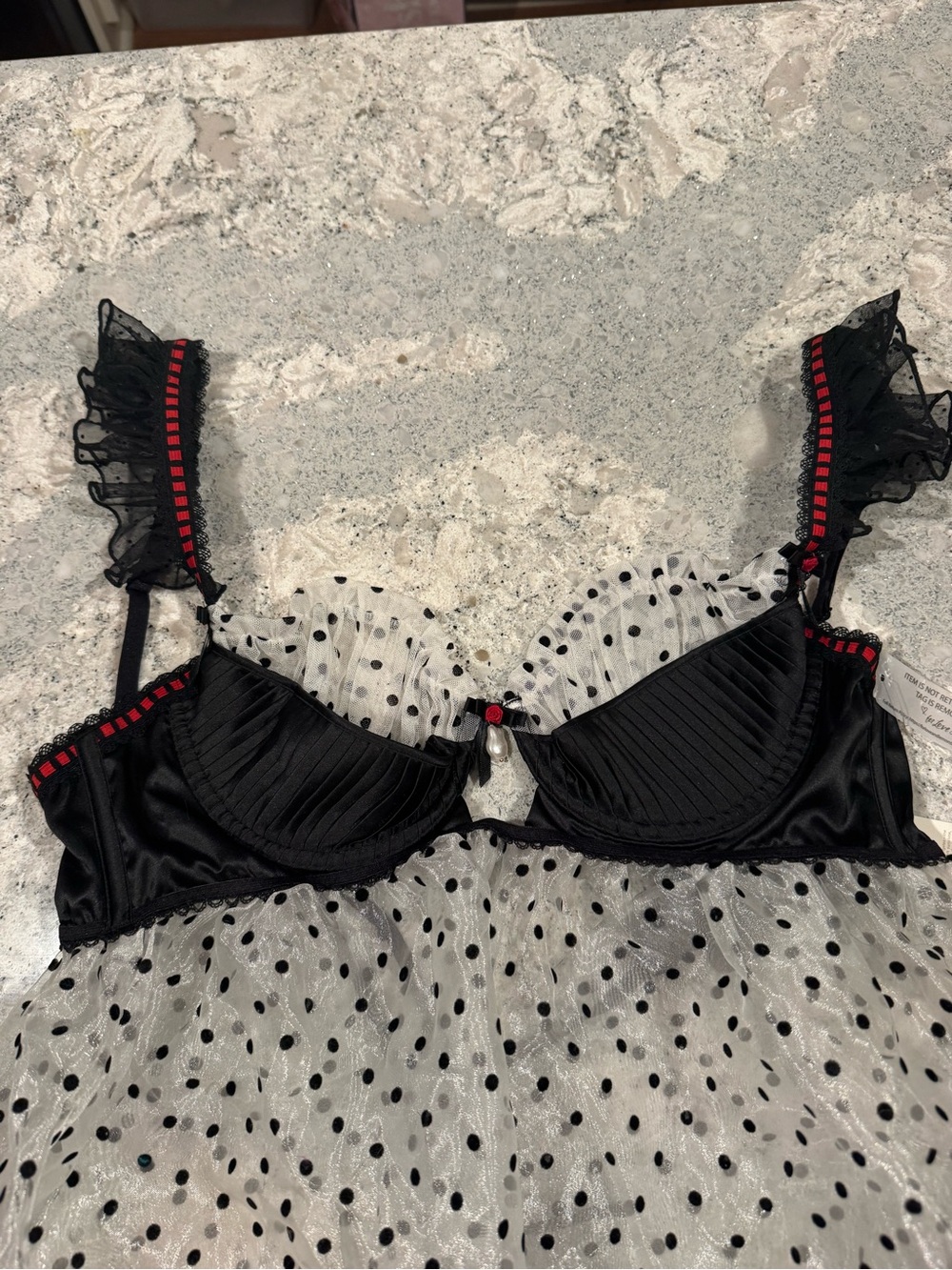 NWT For Love & Lemons Black and White Polka Dot Sheer Babydoll with Red Trim